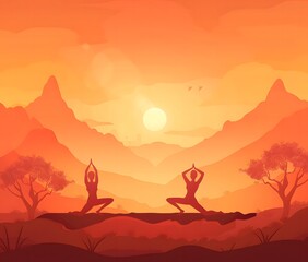 illustration of a couple doing a yoga pose in front of a sunset landscape vector illustration,yoga day