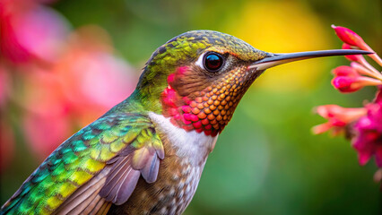 Obraz premium Extreme close-up of a hummingbird feeding on nectar, showcasing vibrant feathers and long beak