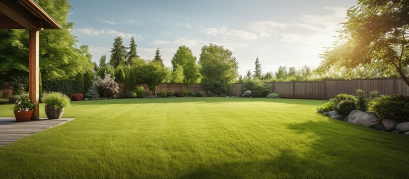 Country house backyard with a meticulously trimmed lawn and lush green hedge providing a serene background for a copy space image