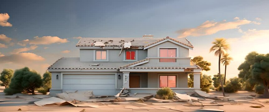 Realistic 3D visualization of a minimalist house with a giant foreclosure notice, personal crisis,