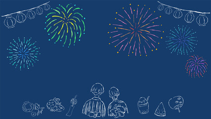 Summer festival, fireworks and yukata family background frame, simple line art hand drawn illustration / 夏祭り、花火と浴衣の家族の背景フレーム、シンプルな線画の手描きイラスト