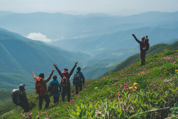 landscape of austria, mountains, green vegetation, group of hikers, outdoor gear and backpacks, stand on top, reaching up their arms in celebration as they look at the landscape, wildflowers, grassy s