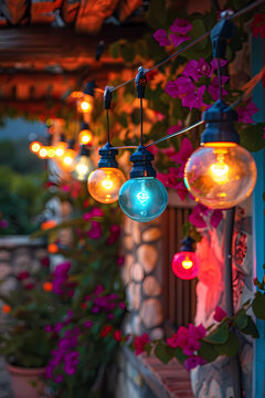 Colorful Home garden guinguette theme lights and plants.