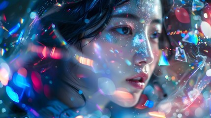 Futuristic Enchantment A Korean Woman Floating Amongst Colored Lights and Crystals