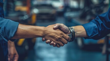 A handshake between an Asian mechanic repairman and a customer, with both individuals conveying trust and satisfaction.