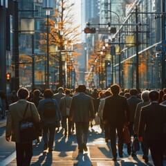 Obraz premium Many people wearing suits and business casual clothes walked on the busy street. The place was full of crowds of office workers wearing suits going to work.