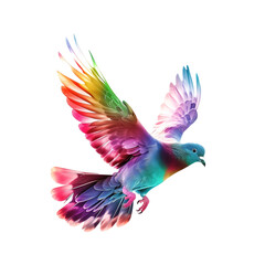Rainbow Colored Pigeon Soaring in Flight on PNG Cutout Transparent Background