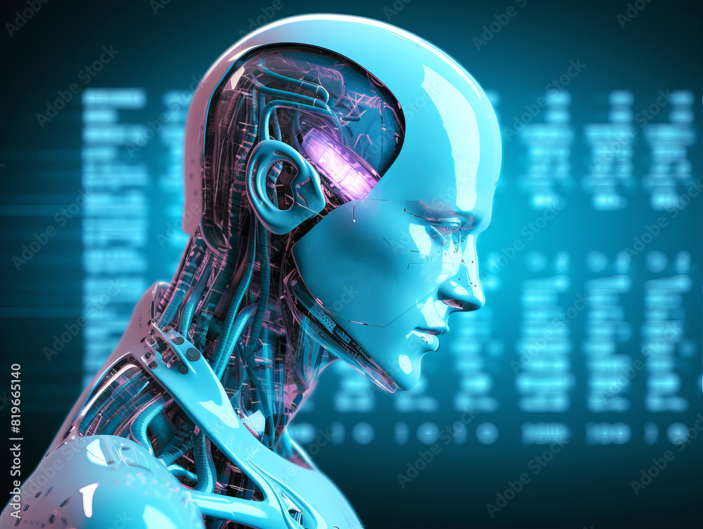 Poster profile of a humanoid robot head with exposed circuits, digital style, blue background, concept of t