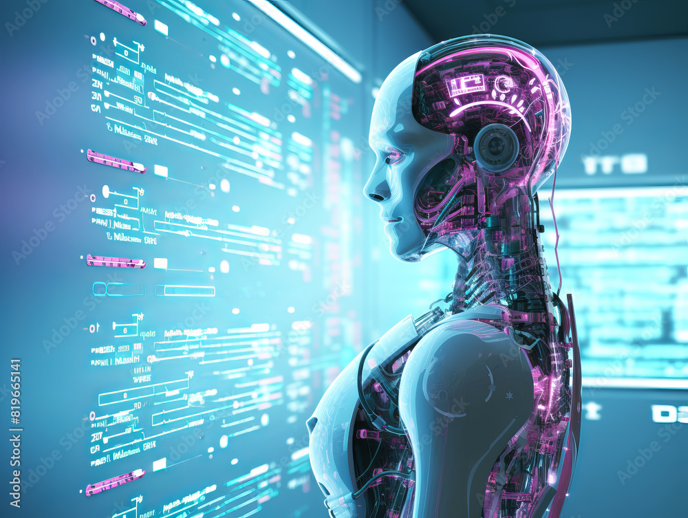 Poster Profile view of a futuristic robot with exposed mechanical details, set against a blue digital background, generative AI concept. Generative AI