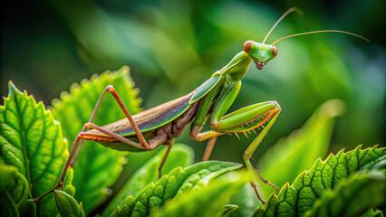 Macro photograph of a praying mantis camouflaged among green leaves, with clear background, showcasing its unique posture