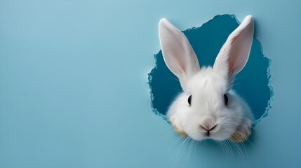 A rabbit peeking out of a hole in a blue wall
