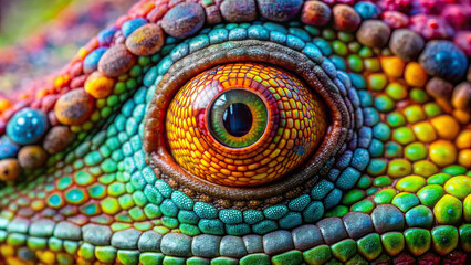 Macro shot of a colorful chameleon's eye, showcasing its mesmerizing patterns