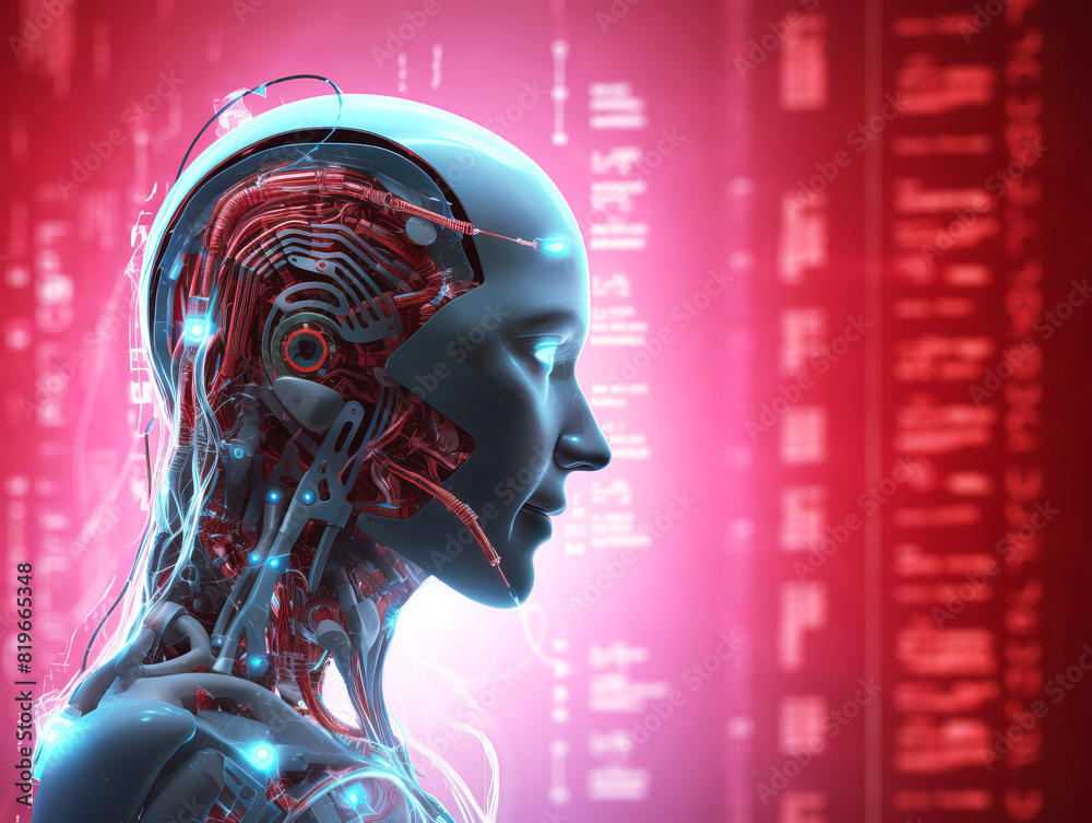 Poster profile of a robotic head revealing complex interior mechanics against a digital red background, emb
