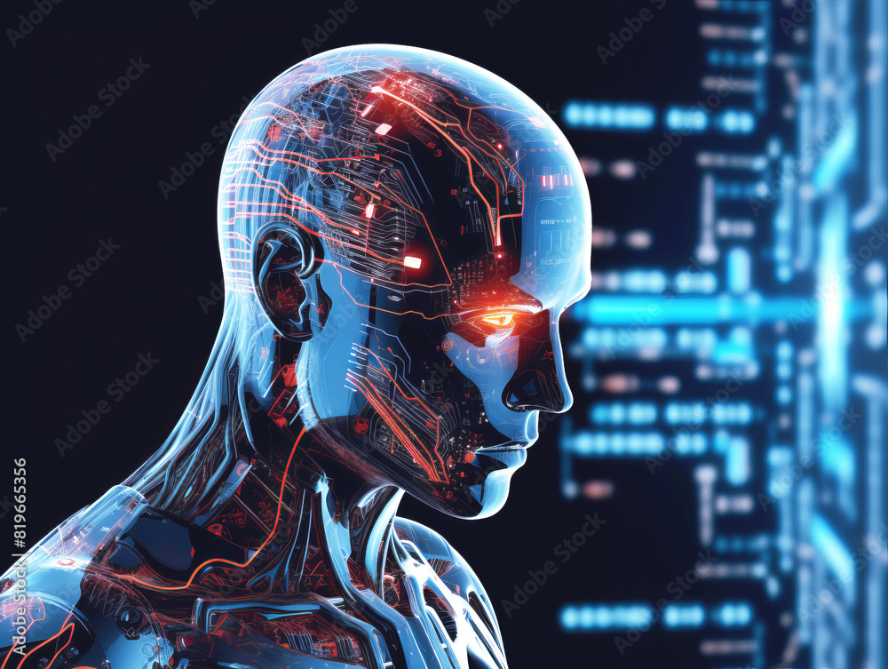 Poster digital illustration of an advanced humanoid robot head with transparent layers, set against a dark,