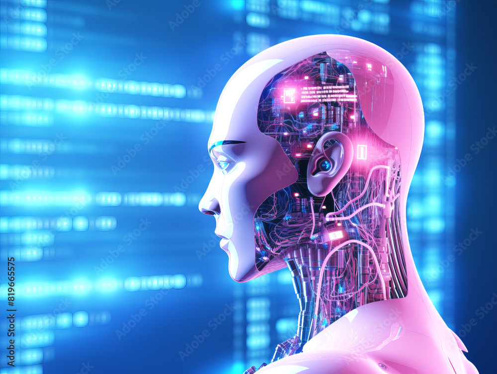 Aufkleber A digital illustration of a robot's side profile with an exposed brain circuitry, set against a blue binary code background, concept of artificial intelligence. Generative AI