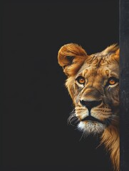 Frightened lion peeks out from behind a corner on a black background, with copy space, created with,4k