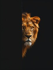 Frightened lion peeks out from behind a corner on a black background, with copy space, created with,4k