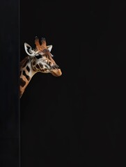 Frightened giraffe peeks out from behind a corner on a black background, with copy space, created with,4k
