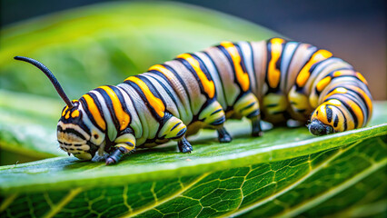 Macro view of a caterpillar munching on a leaf, with clear focus