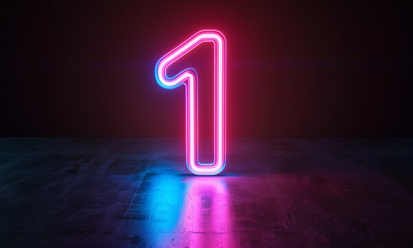 3d render, number one glowing in the dark, pink blue neon light