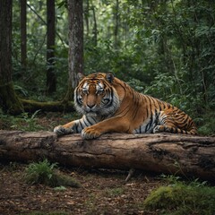 Obraz premium A tiger resting on a fallen log in a tranquil forest clearing.