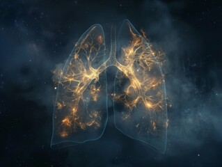Illuminated human lungs with glowing bronchi, set against a cosmic background, symbolizing health and breath.