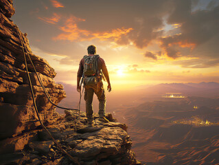 A hiker at the edge of a cliff during sunset, contemplating a distant city, against an orange sky. Generative AI