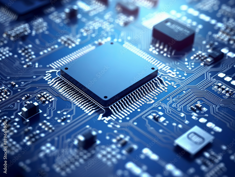 Poster close-up of a computer processor on a motherboard, detailed electronics, dark blue background, conce