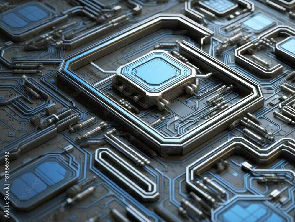 Poster Close-up of an intricate circuit board design with a technological theme on a blue and gray background, concept of electronics. Generative AI