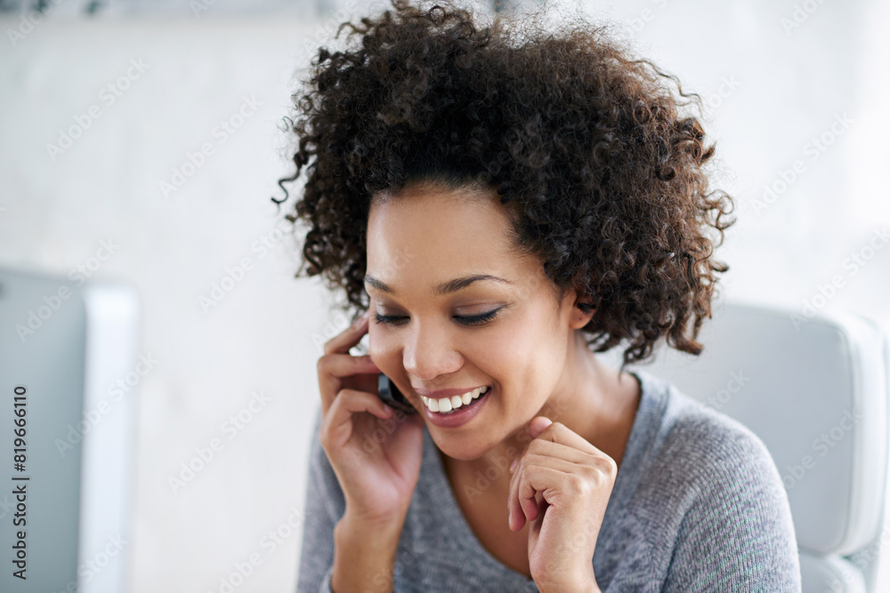 Aufkleber african businesswoman, phone call and happy with communication in office for networking or conversat