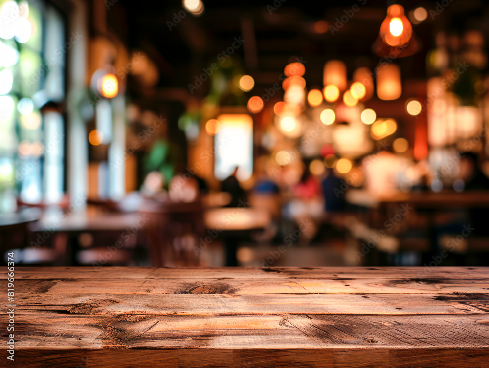 Poster Empty wooden table with a blurred restaurant background, suitable for product display. Generative AI