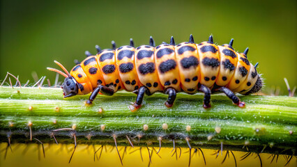 Macro view of a ladybug larvae crawling on a plant stem, clear background
