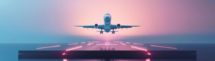 A blank podium showcasing a modern airplane taking off from a lit runway