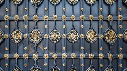 Detailed view of a metal door featuring intricate decorative designs