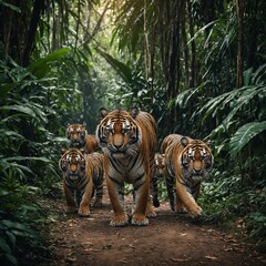 A tiger family walking in single file through a dense jungle.

