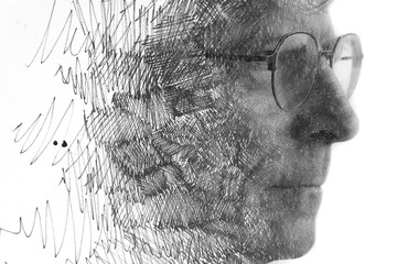 A graphical black and white paintography profile of a man with glasses