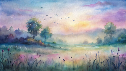 Soft pastel hues blend harmoniously in this watercolor painting of a meadow kissed by the first light of dawn, with birdsong filling the air.