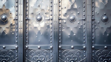 Detailed view of a decorative metal door featuring rivets and floral patterns, illuminated by daylight