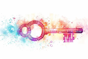 A cute watercolor clipart of a key with binary code integrated into its design