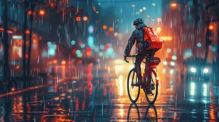 a courier from a delivery service riding a bicycle along a city street in the evening or at night...