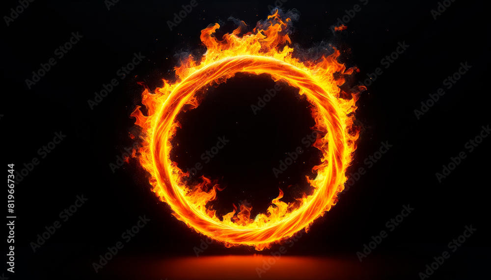 Poster a ring of fire against a dark background, creating a fiery circle, representing energy or a fiery fr