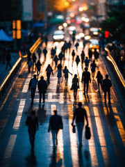 Overhead View, Crowd of Pedestrians Moving along the Road.