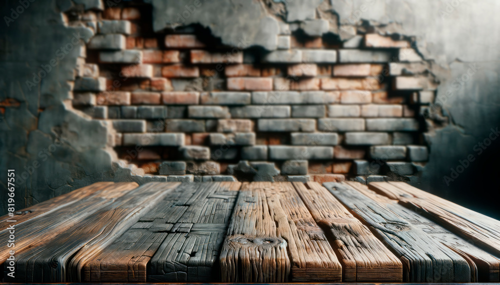 Aufkleber a wooden table with a textured surface against a weathered brick background, suitable for product di