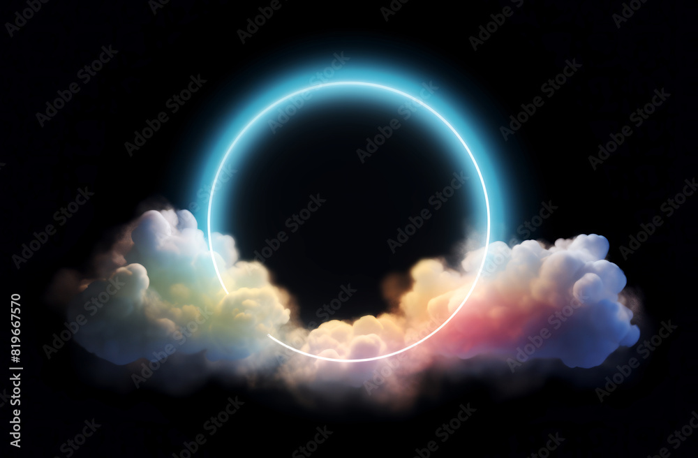 Poster a digital illustration showcasing a ring of light surrounded by colorful clouds on a dark background
