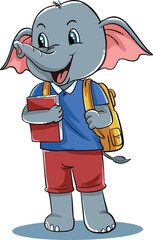 cartoon vector illustration design of cute laughing elephant carrying bag and books ready to go back to school.eps