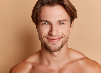 Naklejka premium Good looking smiling man standing in bathroom after shower