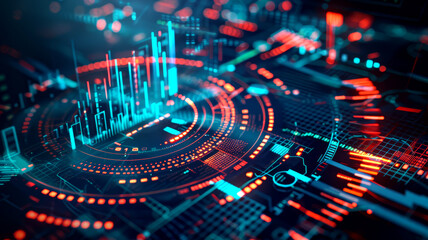 Data exchange statistics with overlapping circular graphs and financial symbols on a futuristic background,