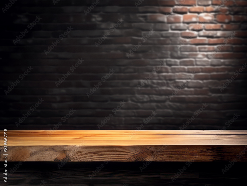 Poster An empty wooden counter with a brick wall in the background, ideal for product presentation or branding display. Generative AI