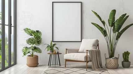 Blank frame on the wall above a cozy armchair, with a rug, side table, and houseplants, in a stylish and inviting living room,