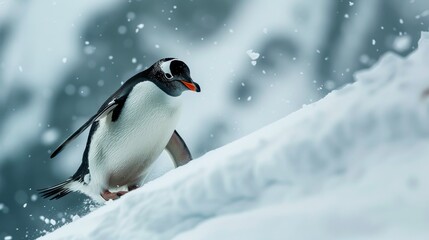 Obraz premium Playful Penguin Enjoying Downhill Skiing Adventure on Snowy Slope